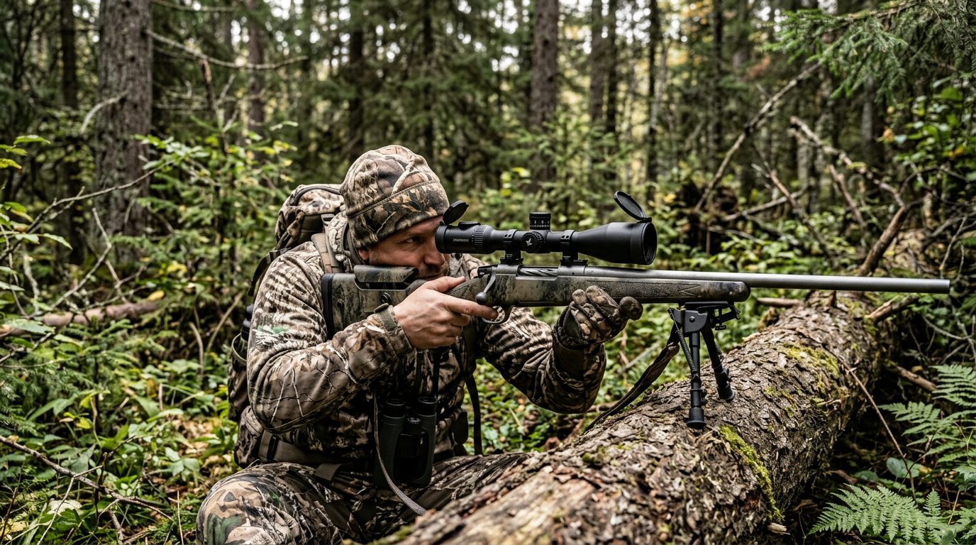 Chasseur visant avec une carabine à lunette pour le grand gibier