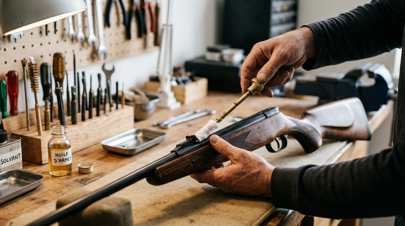 Entretien et nettoyage du canon d'une carabine à plomb sur un établi