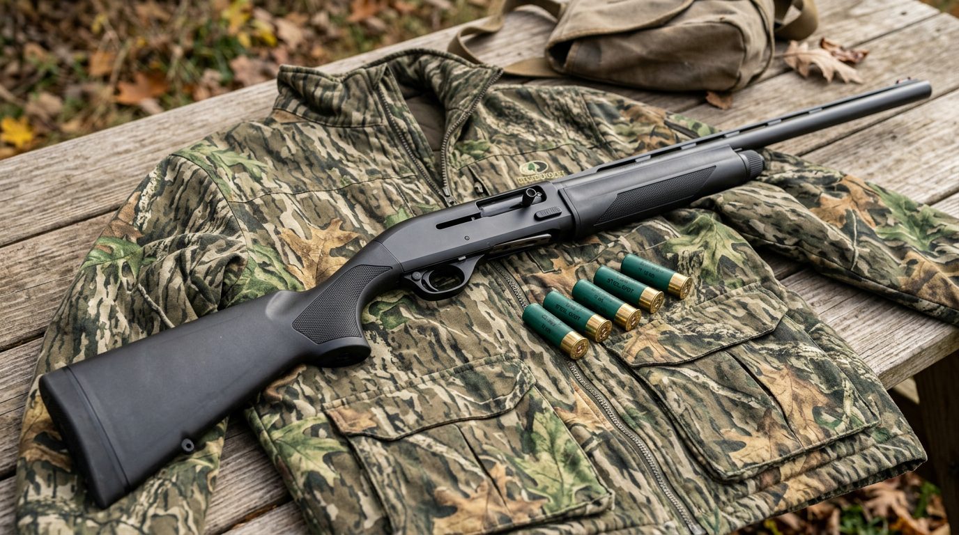 Fusil de chasse calibre 12 avec munitions en acier sur une veste camouflage