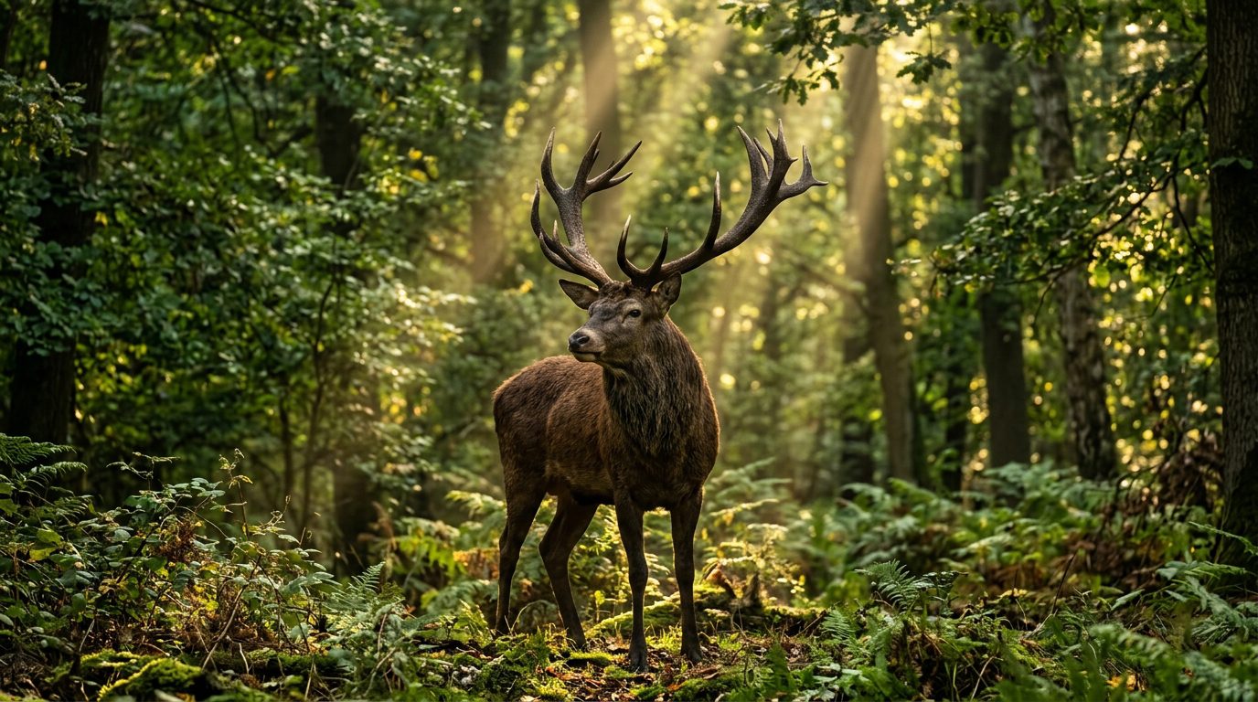 Grand cerf majestueux dans une forêt européenne éclairée par le soleil