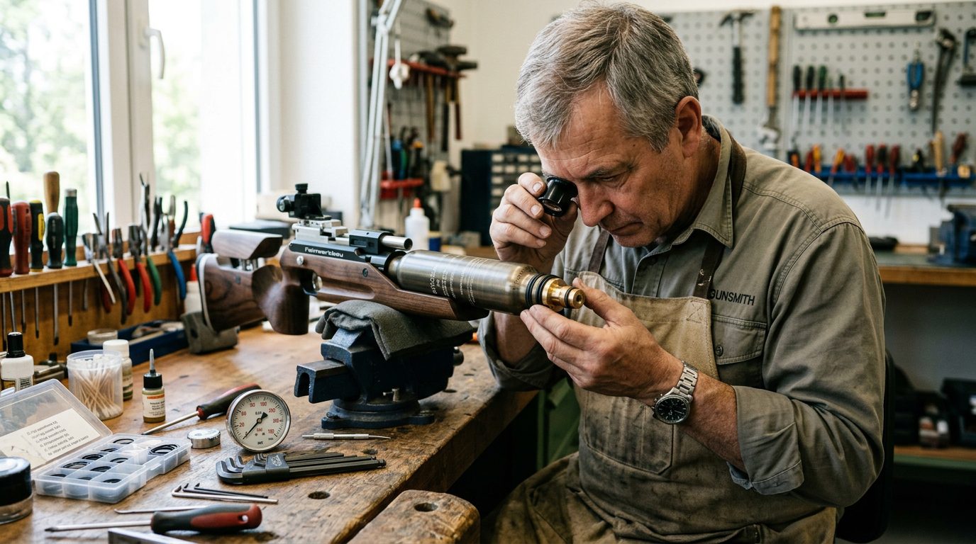 Armurier inspectant les joints et la cartouche d'air d'une carabine d'occasion
