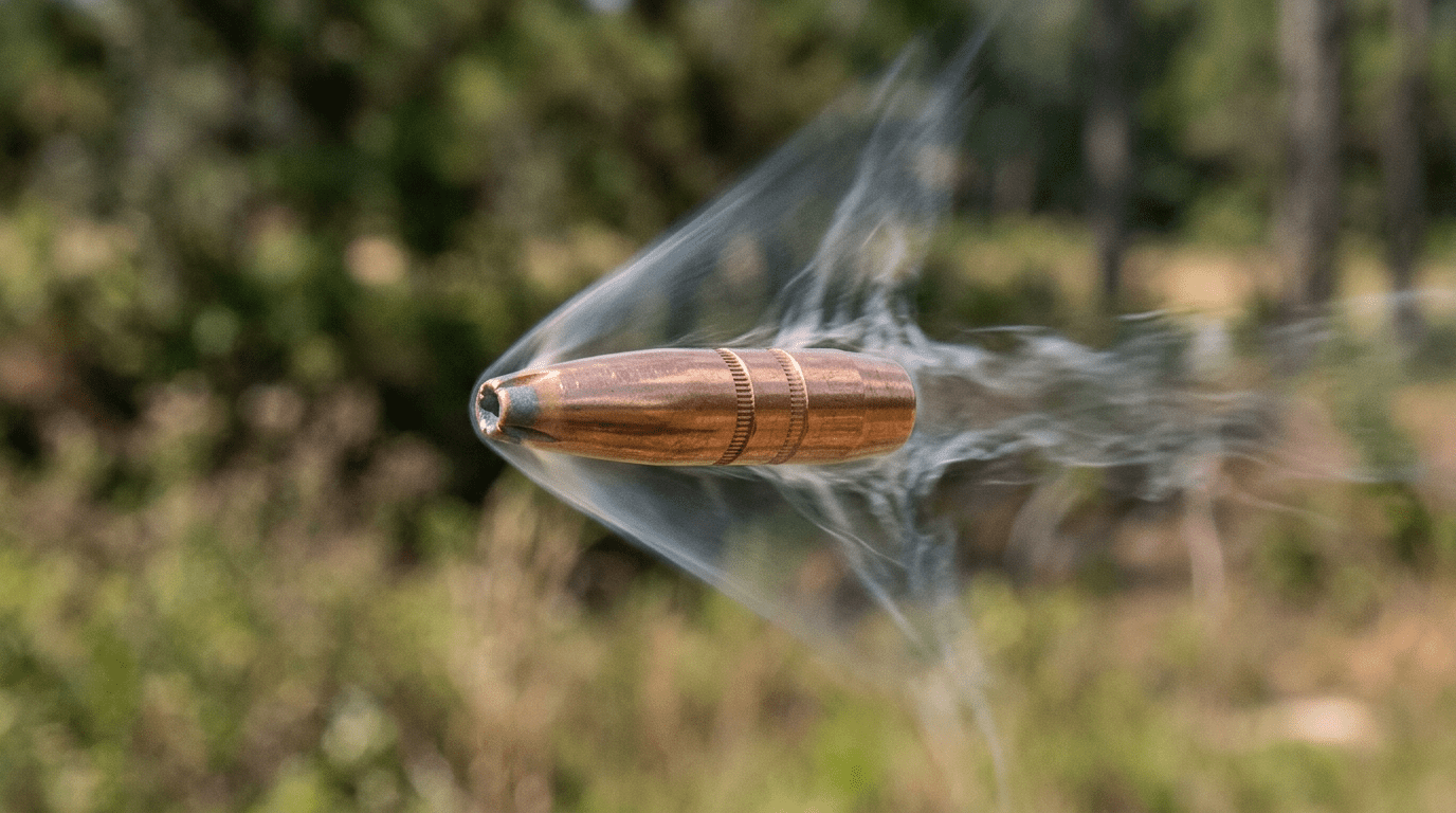 Ogive HPBT en plein vol traversant le mur du son avec onde de choc visible