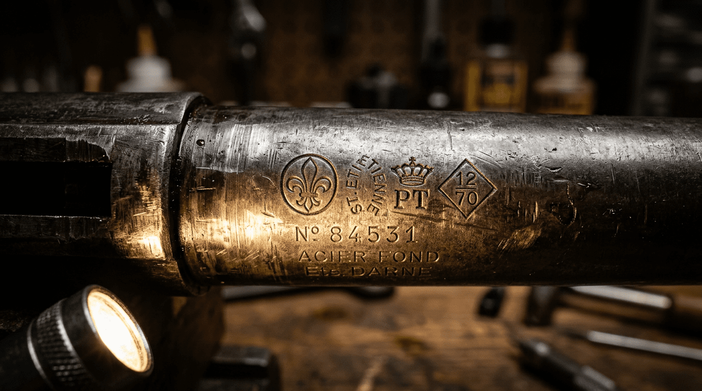 Gros plan sur les poinçons d'épreuve et la fleur de lys sous le canon