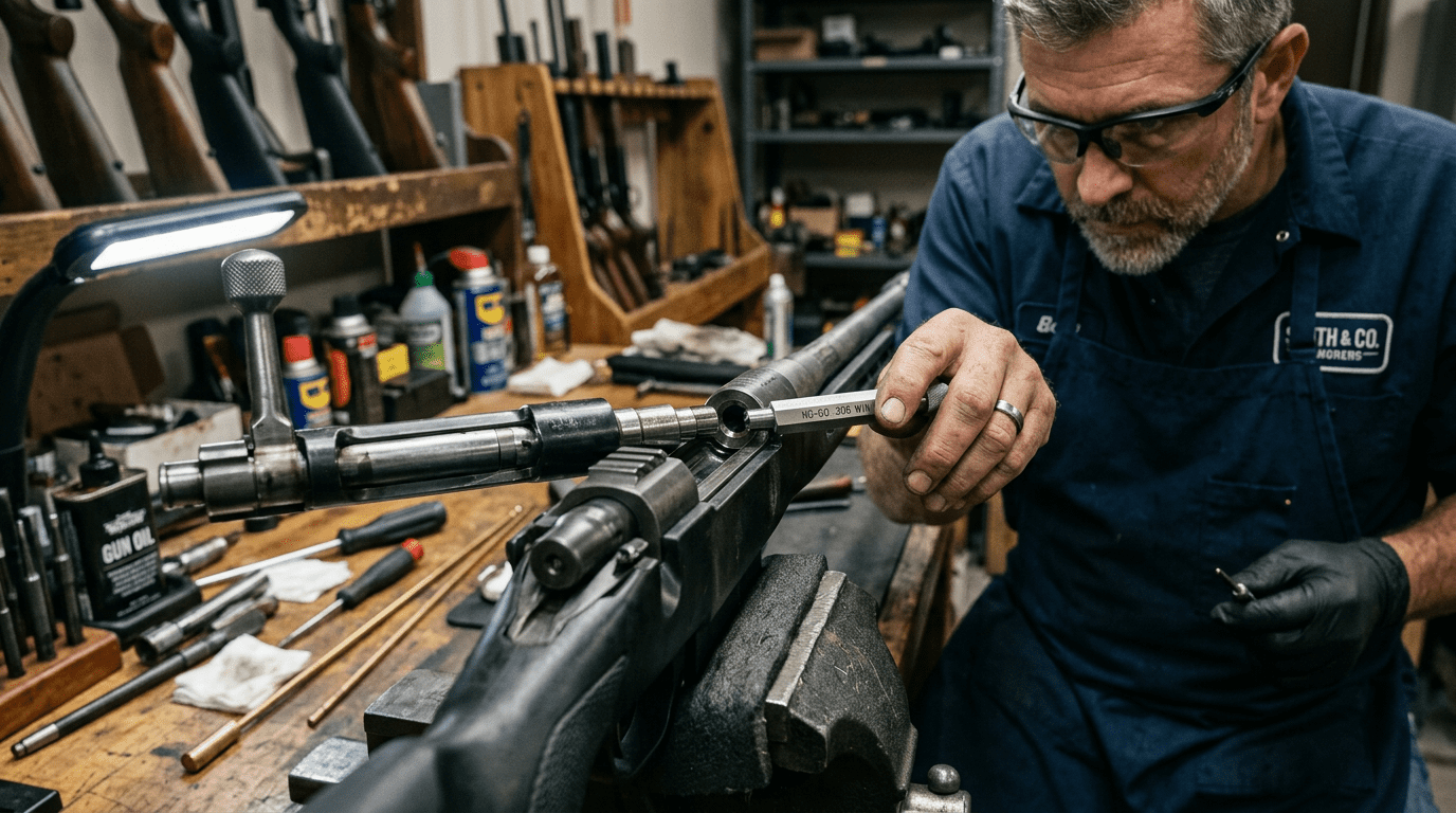 Armurier inspectant la chambre d'une carabine pour la sécurité