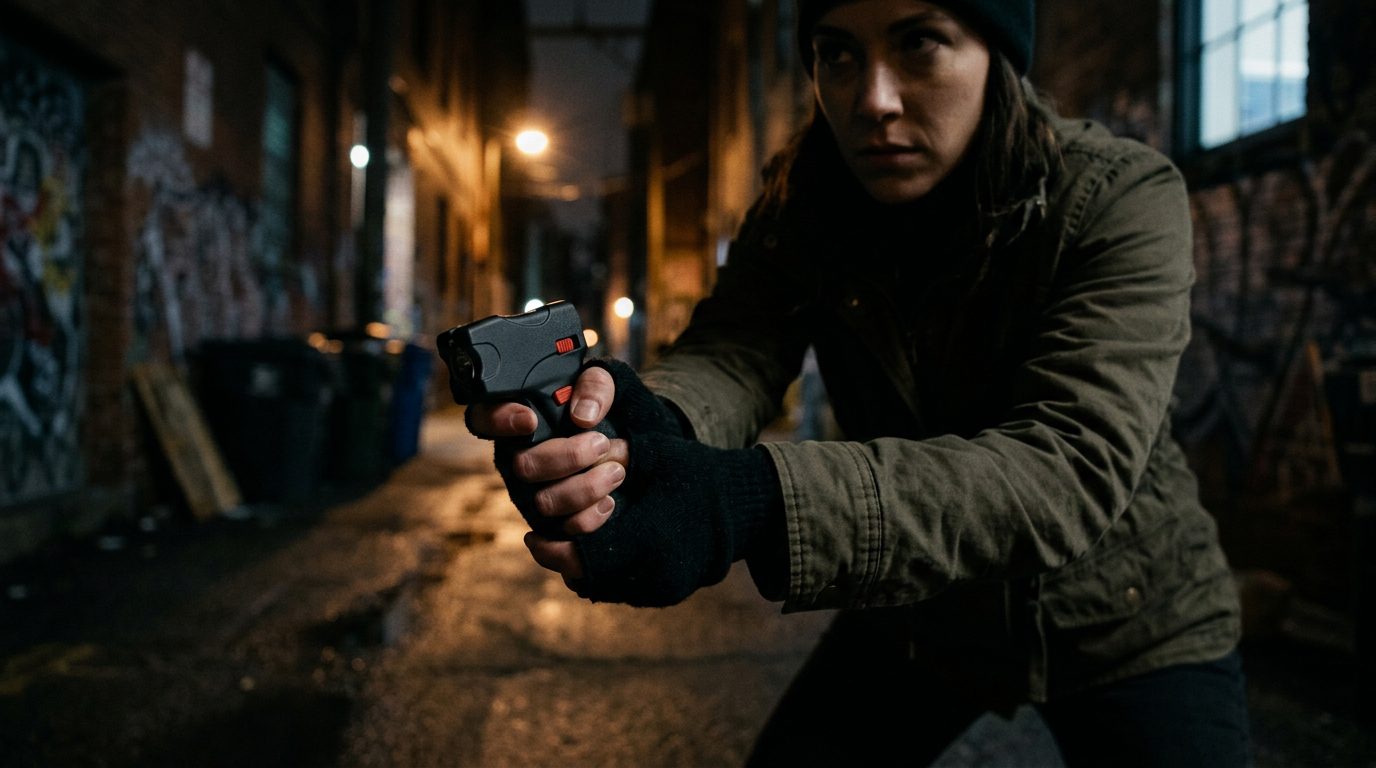 Personne tenant un shocker électrique en posture de légitime défense