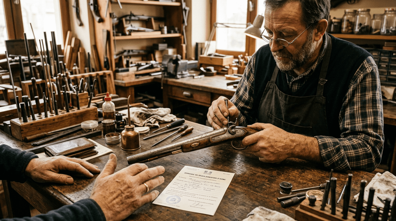 Armurier examinant un pistolet ancien pour régularisation