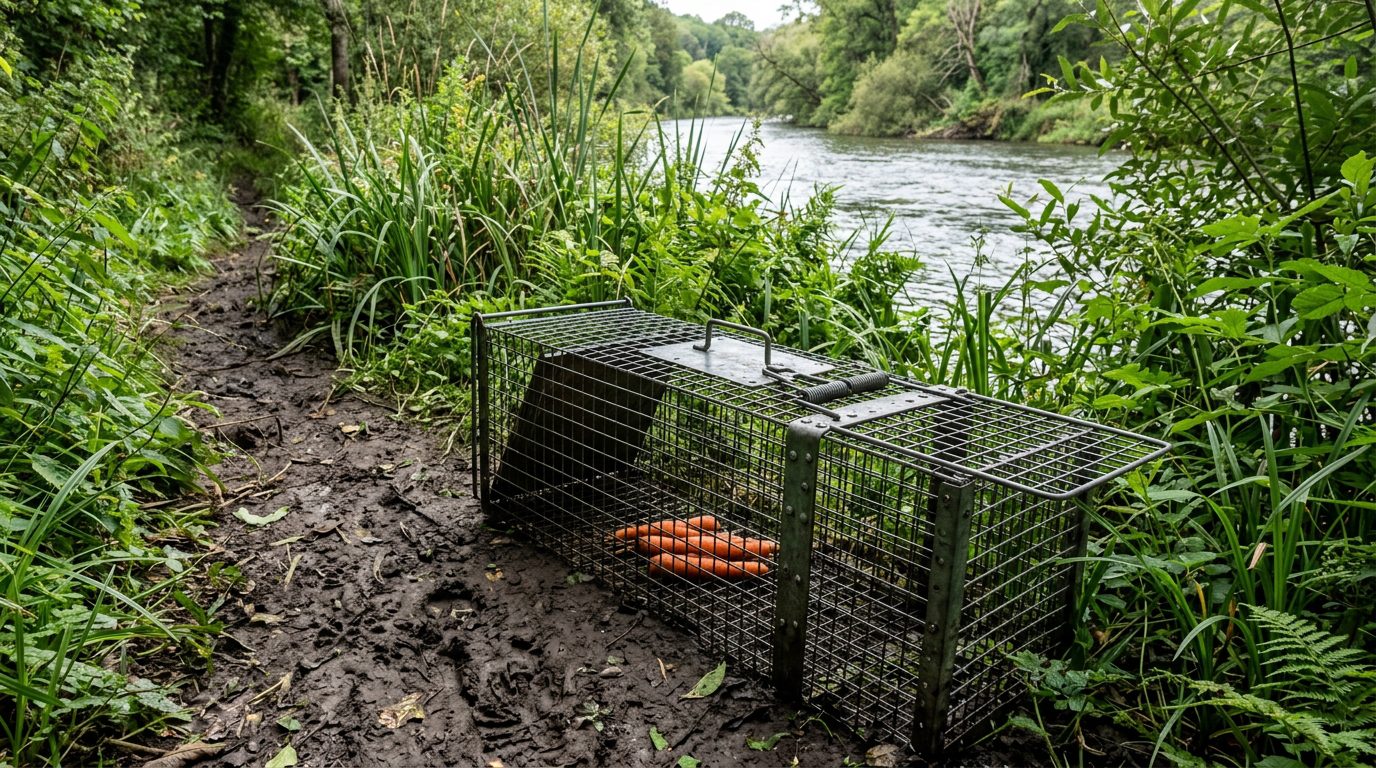 Cage-piège en acier galvanisé appâtée avec des carottes sur une berge