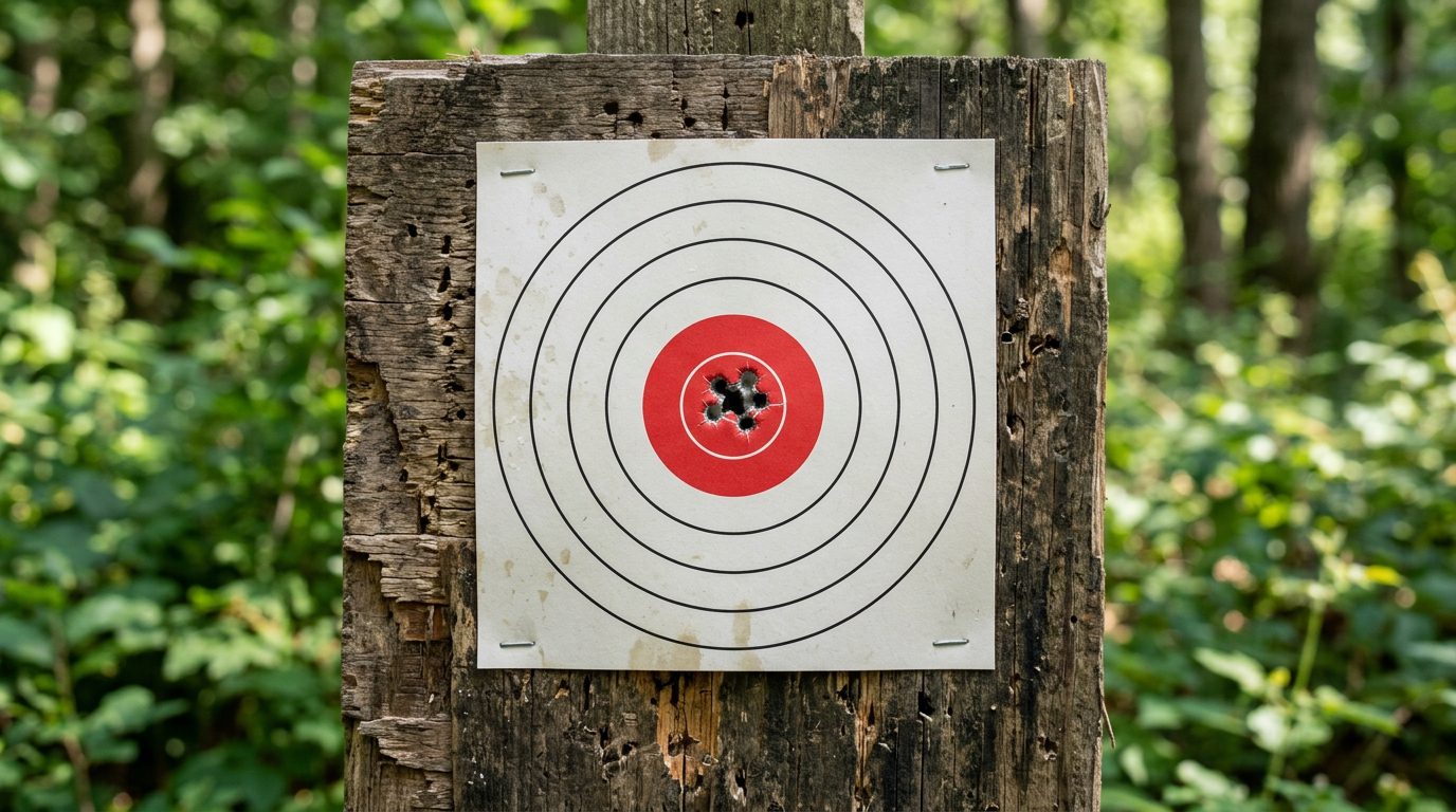 Cible de tir en papier montrant un groupement parfait de plombs dans le centre