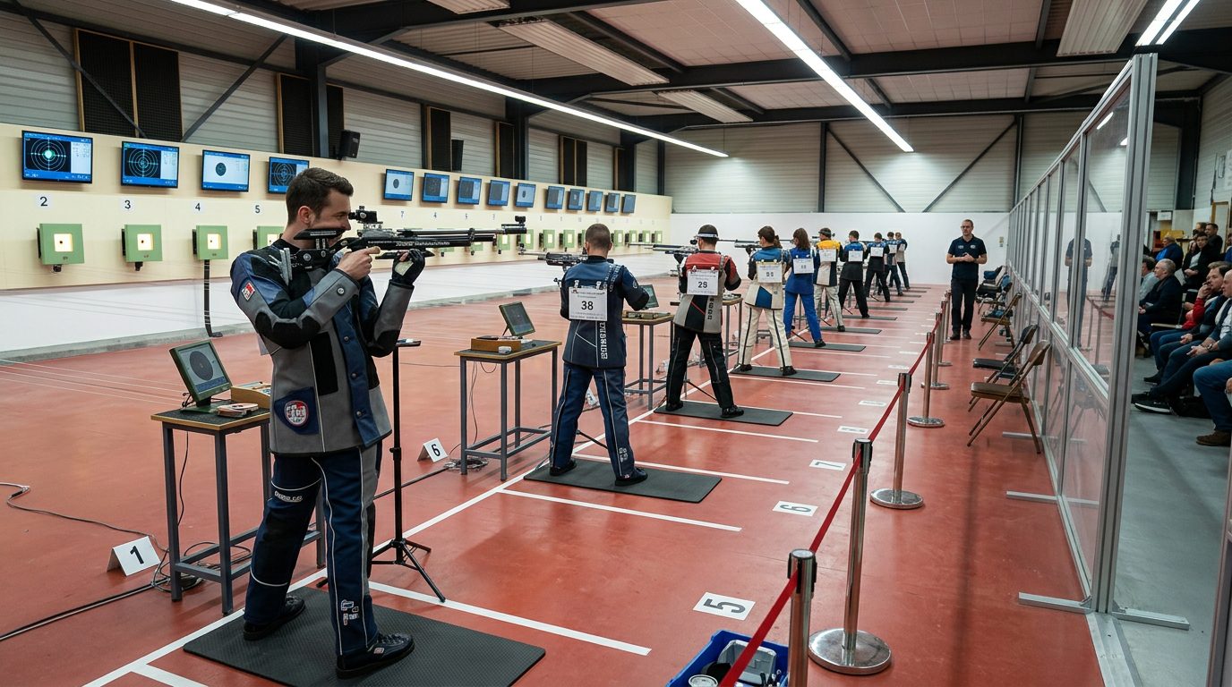 Tireur sportif en position debout lors d'une compétition de tir à 10 mètres