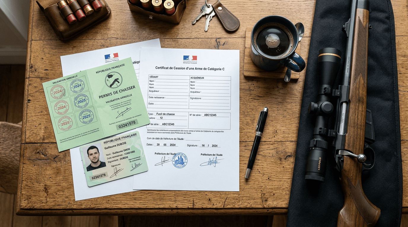 Documents administratifs, permis de chasser et formulaire Cerfa pour la vente d'une arme