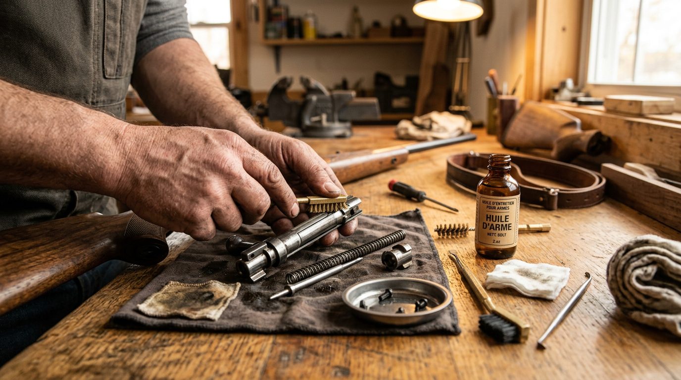 Entretien et nettoyage de la culasse d'une carabine de chasse sur un établi
