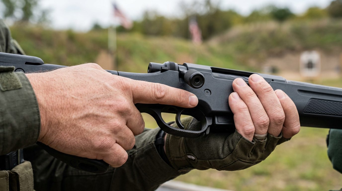 Gros plan sur l'index d'un tireur maîtrisant la queue de détente de sa carabine