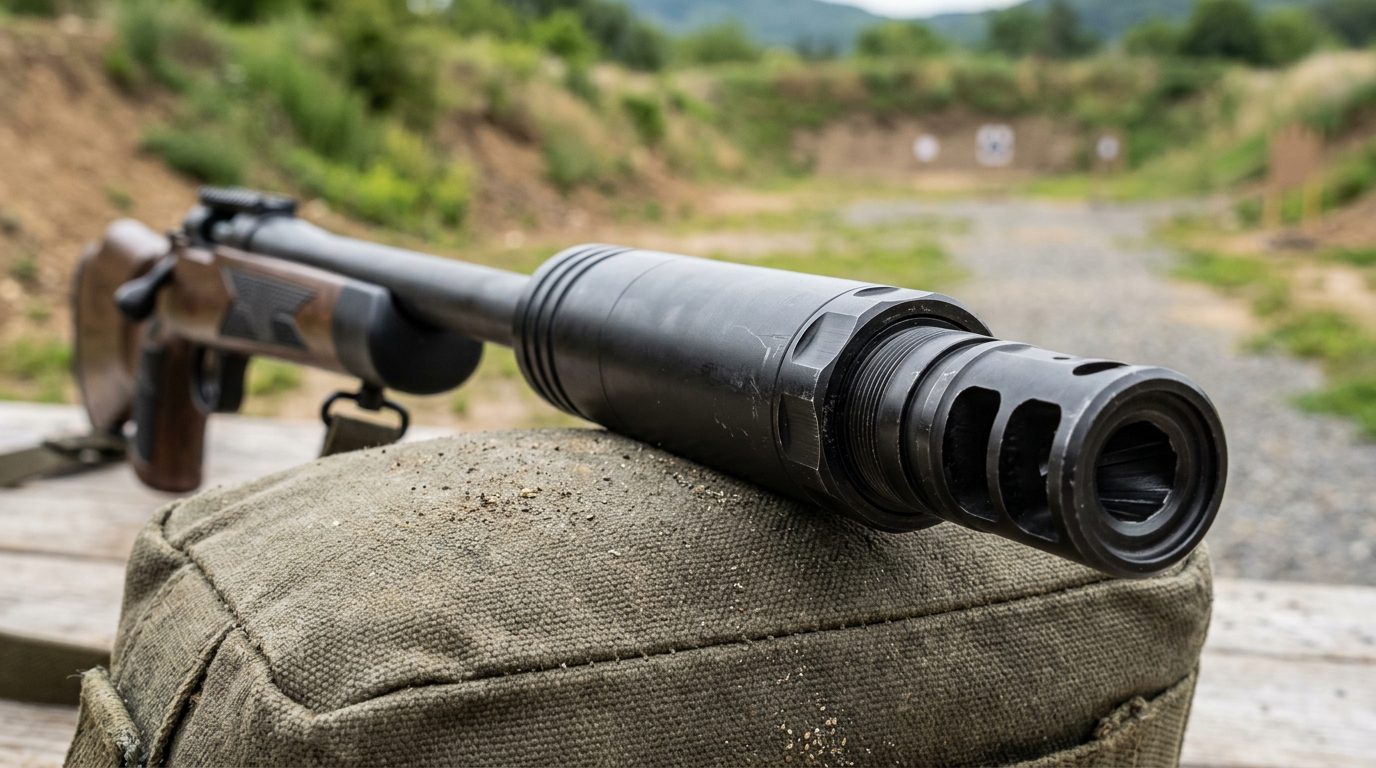 Gros plan sur un modérateur de son et frein de bouche sur une carabine