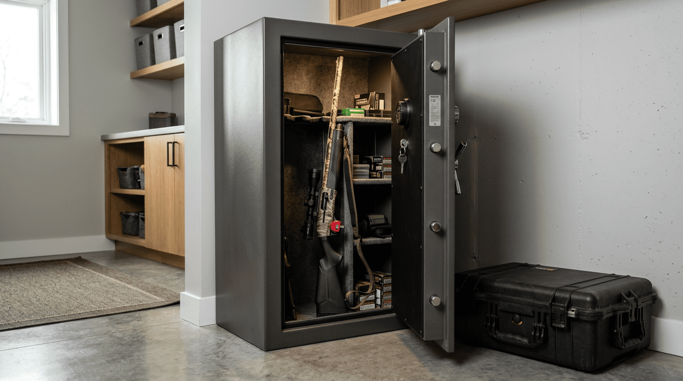 Stockage sécurisé d'une arme de chasse dans un coffre-fort avec mallette de transport