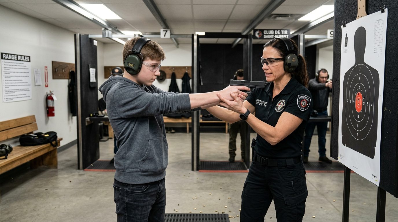 Moniteur de tir encadrant un adolescent dans un club sportif