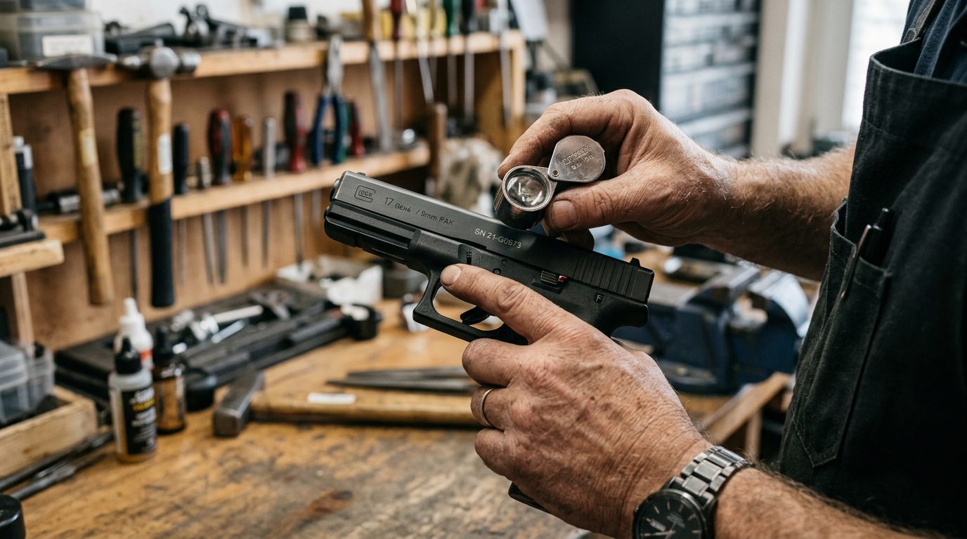 Armurier inspectant le numéro de série d'un pistolet d'alarme pour la régularisation