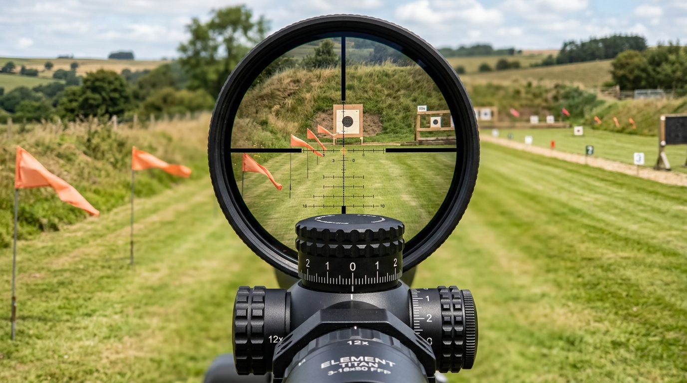 Vue à travers une lunette de tir réglée pour 50 mètres avec drapeaux à vent