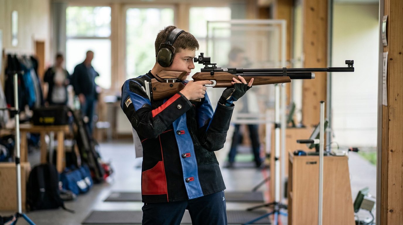 Jeune tireur avec une carabine légère adaptée à sa morphologie