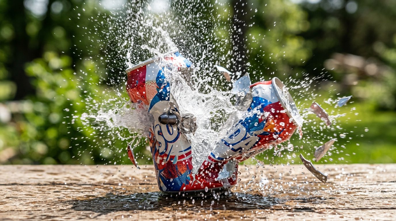 Impact explosif d'un plomb à tête creuse sur une canette remplie d'eau
