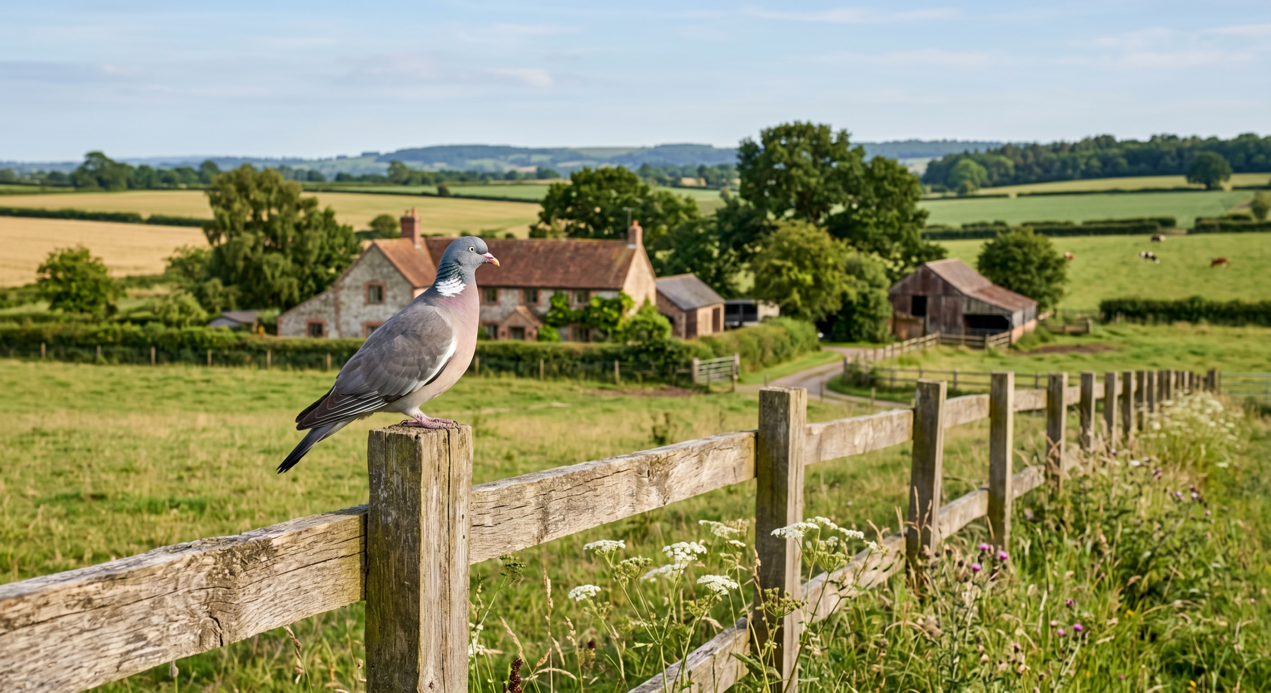 Pigeon ramier posé en milieu rural — régulation des nuisibles sur propriété privée