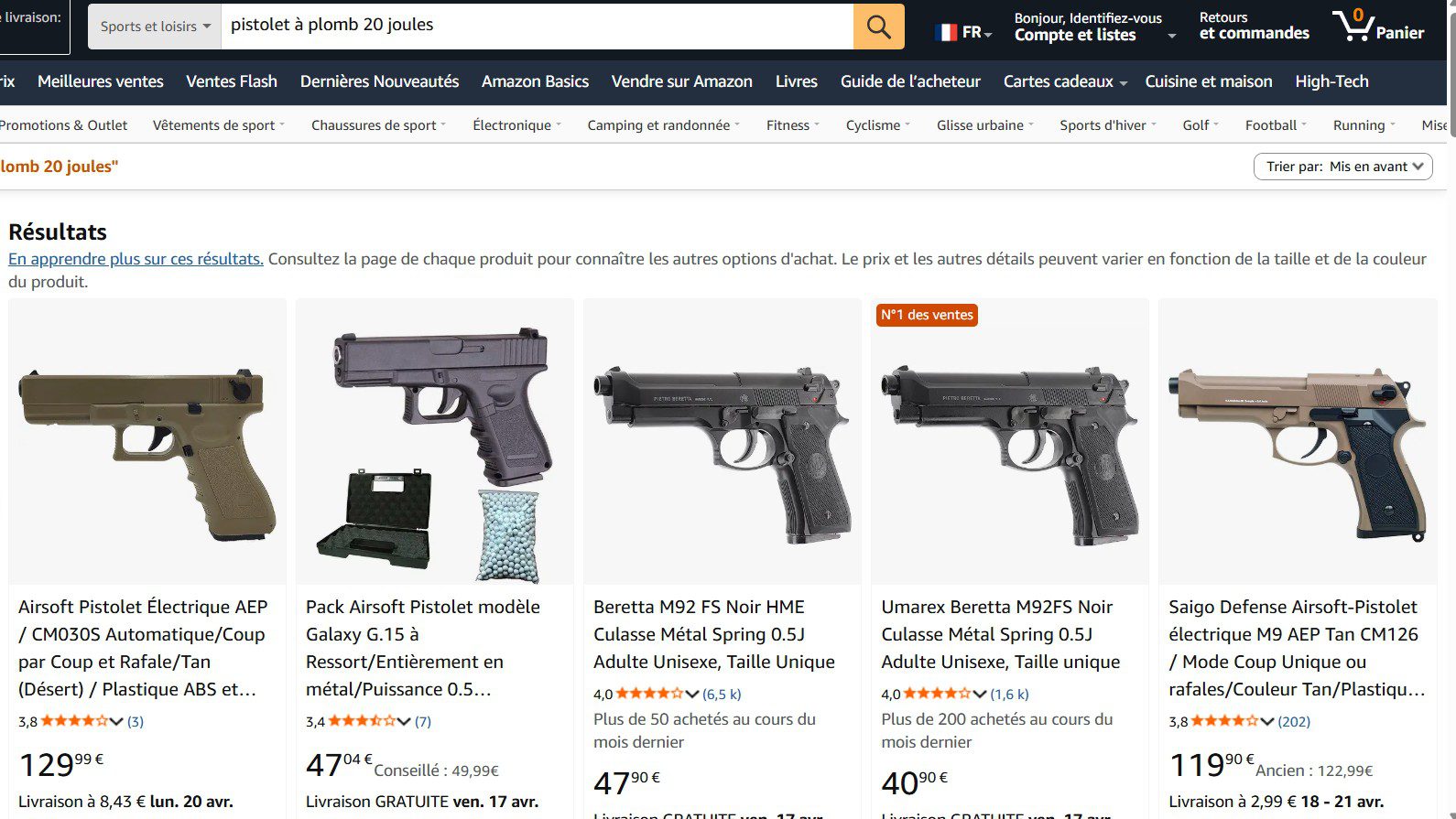 Capture d'écran des résultats Amazon pour pistolet à plomb 20 joules sans permis