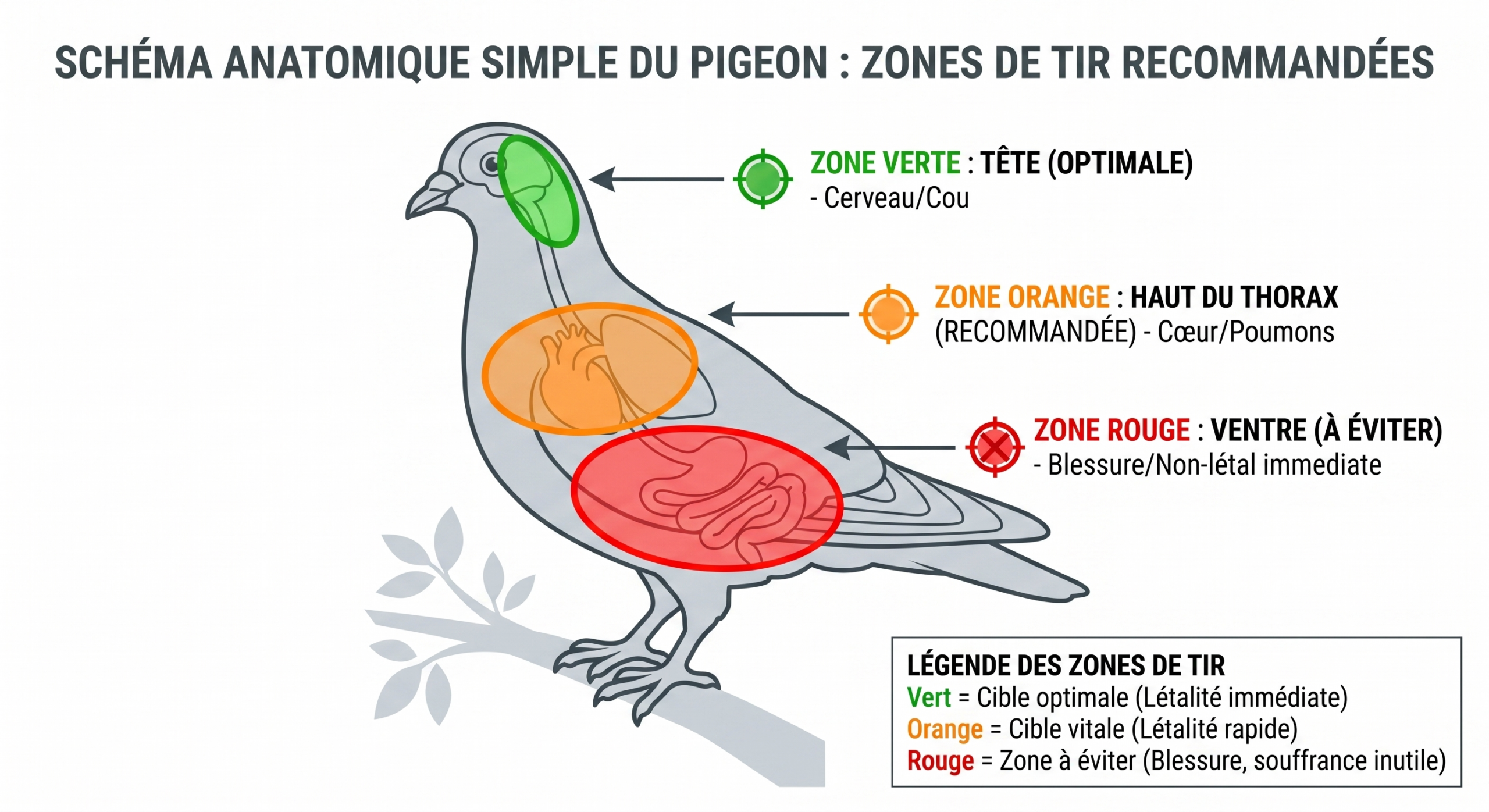 Schéma anatomique du pigeon — zones de tir à viser pour un tir létal propre