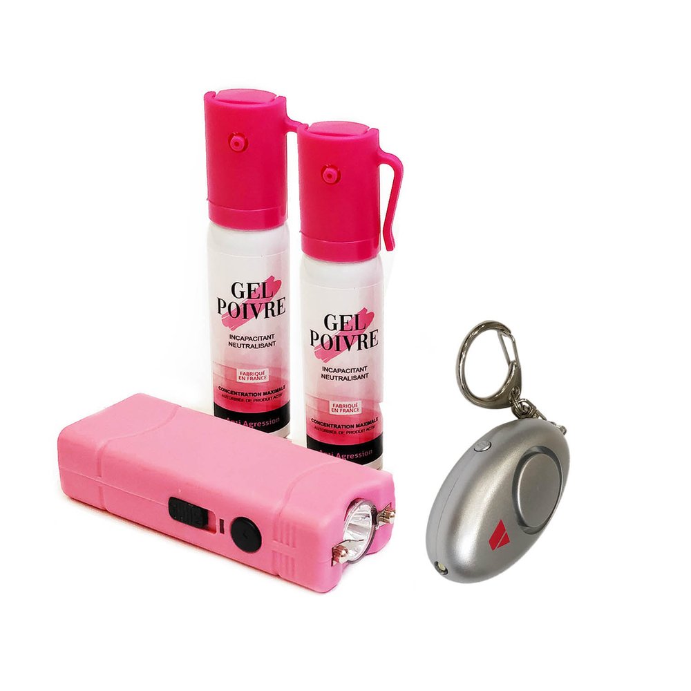 Pack auto-défense femme complet lacrymogène shocker alarme rose