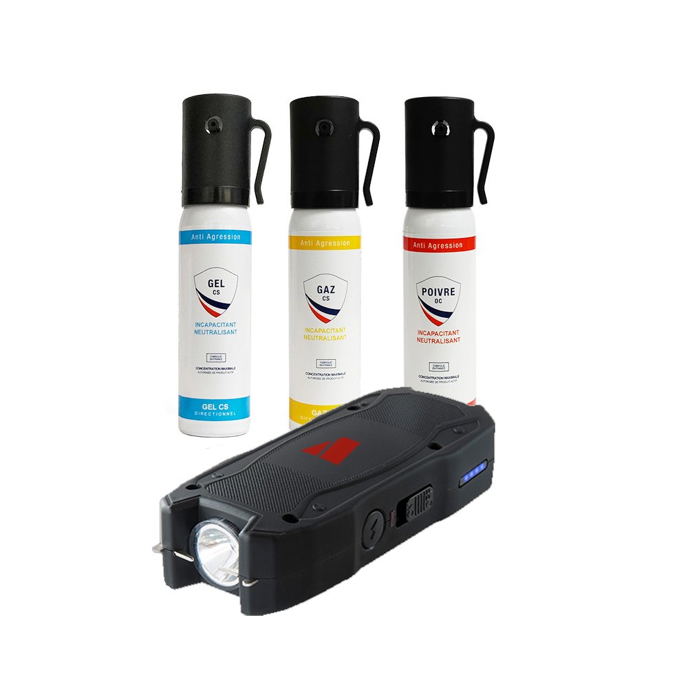 Pack trio défense femme 3 lacrymogènes et shocker 3 millions de volts