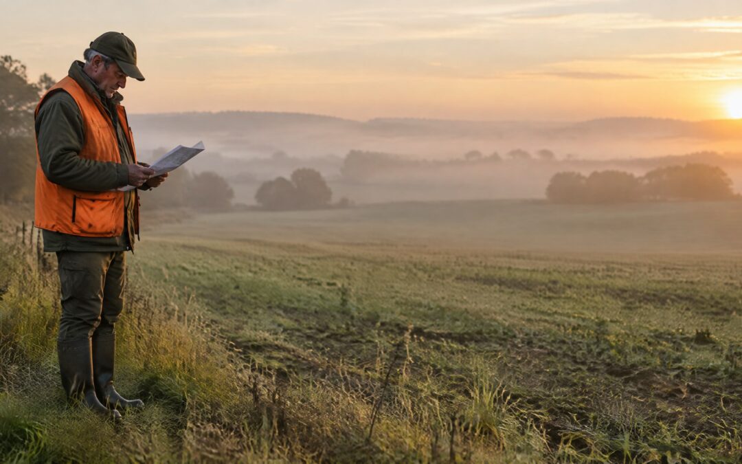 Chasseur examinant un document officiel a l'aube