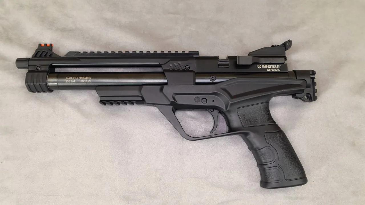Pistolet PCP Beeman General de profil sans crosse, rails haut et bas