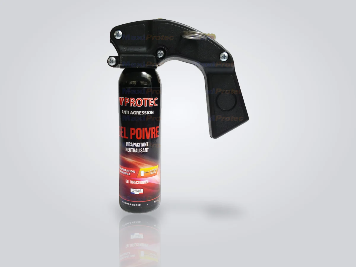 Bombe lacrymogène gel poivre VPROTEC 100 ml à poignée extincteur