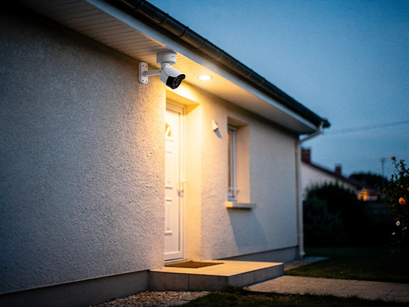Caméra de surveillance extérieure fixée au-dessus de la porte d'entrée d'une maison