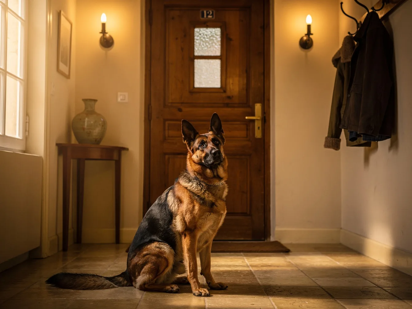 Berger allemand assis devant la porte d'entrée d'une maison