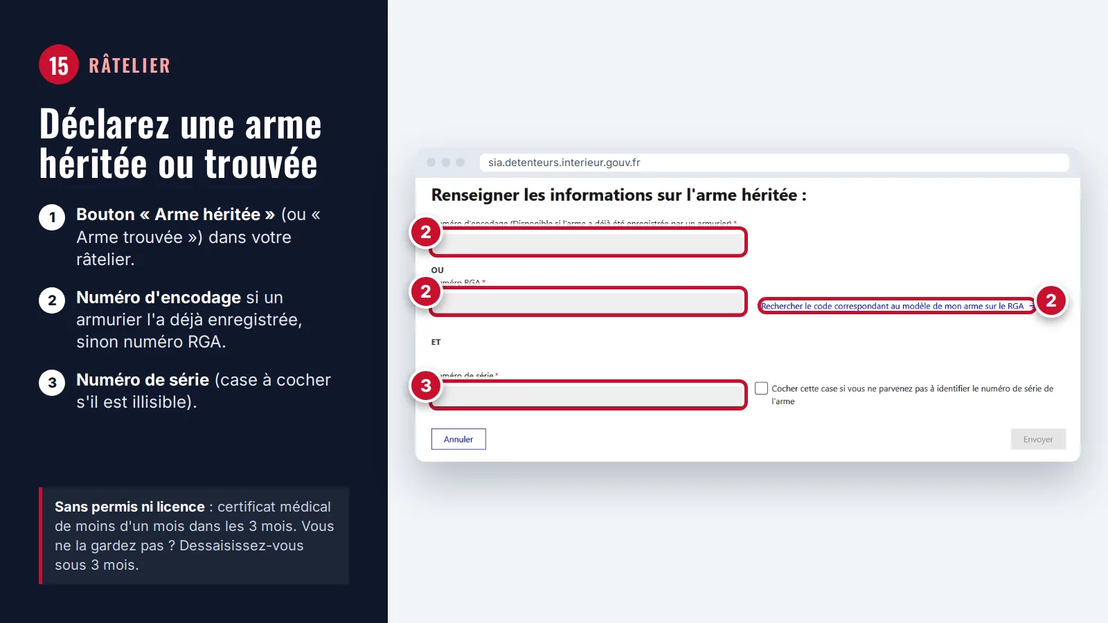 Formulaire SIA d'une arme héritée : numéro d'encodage, numéro RGA et numéro de série encadrés