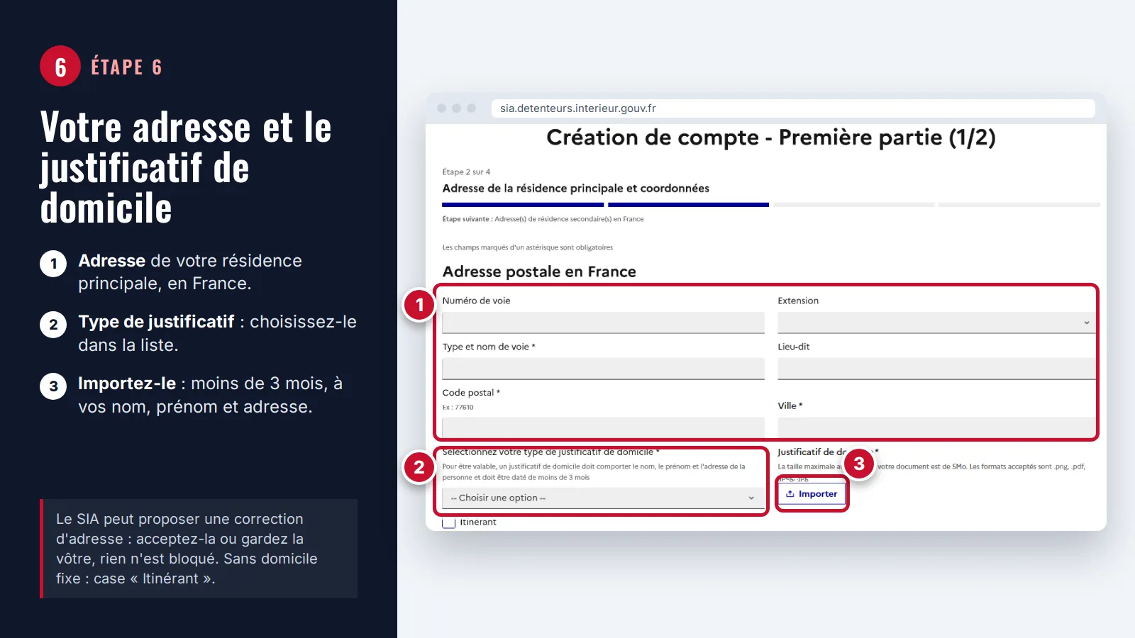 Étape 6 : formulaire d'adresse du SIA, adresse postale, type de justificatif de domicile et bouton Importer encadrés