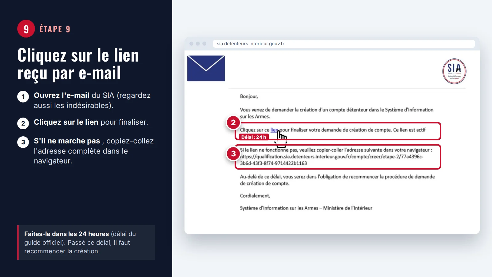Étape 9 : e-mail d'activation du SIA, lien à cliquer et adresse à copier encadrés en rouge