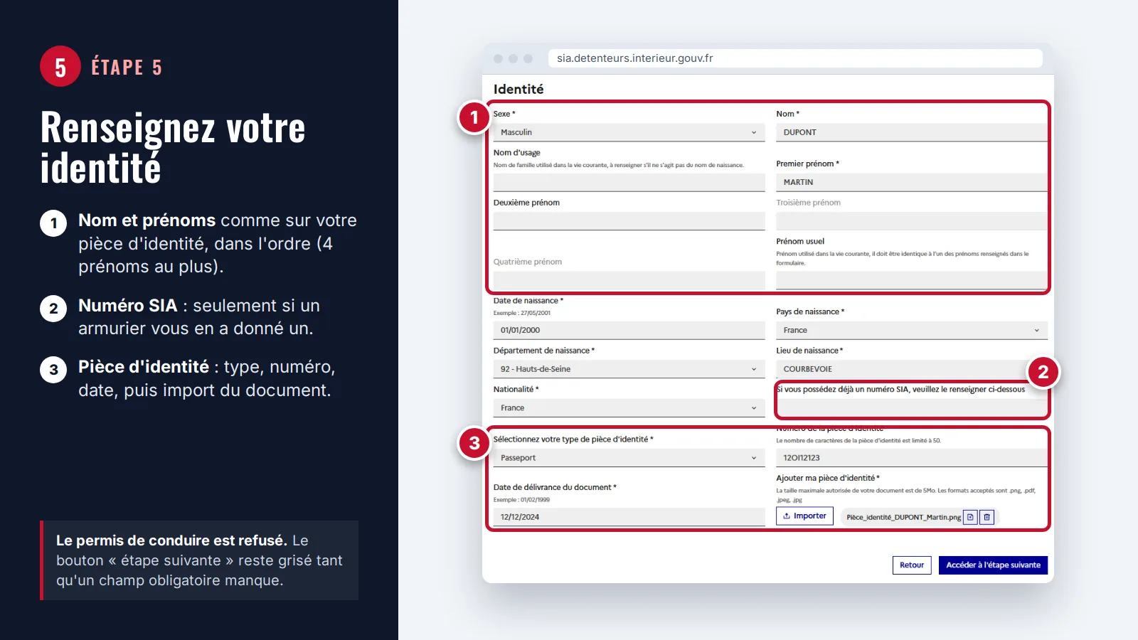 Étape 5 : formulaire d'identité du SIA, nom et prénoms, numéro SIA et pièce d'identité encadrés en rouge