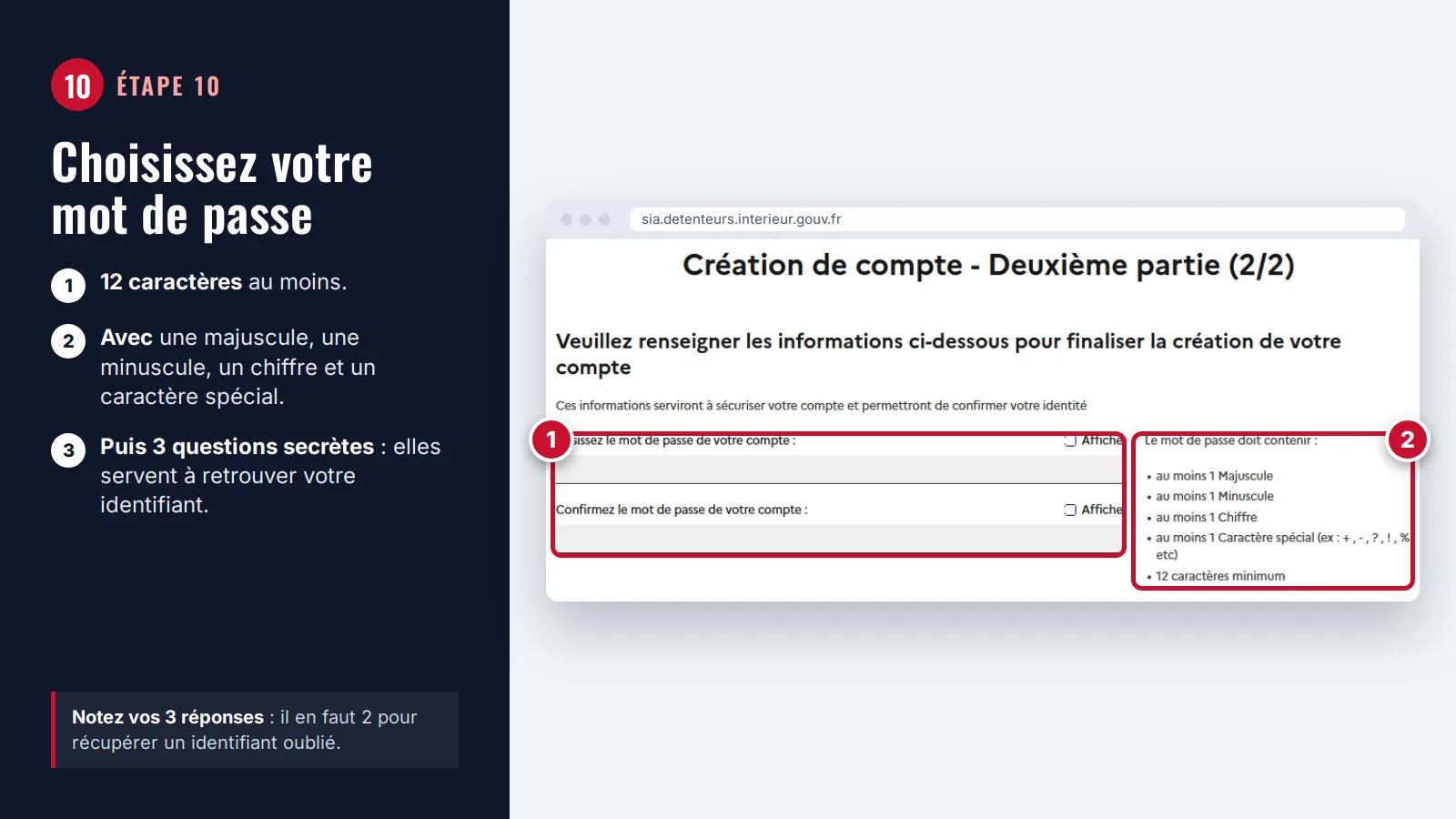 Étape 10 : formulaire du mot de passe SIA et liste des règles, 12 caractères avec majuscule, minuscule, chiffre et caractère spécial