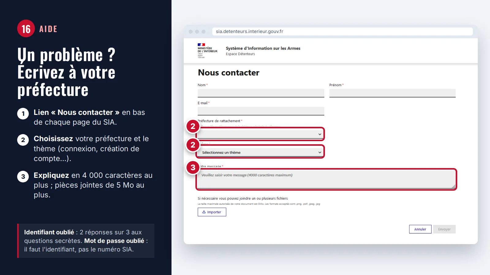 Formulaire « Nous contacter » du SIA : préfecture de rattachement, thème et message encadrés en rouge