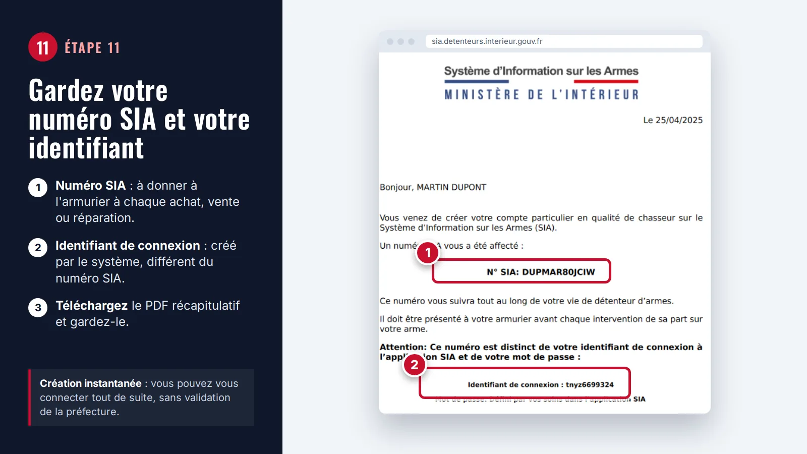 Étape 11 : récapitulatif SIA avec le numéro SIA et l'identifiant de connexion encadrés en rouge