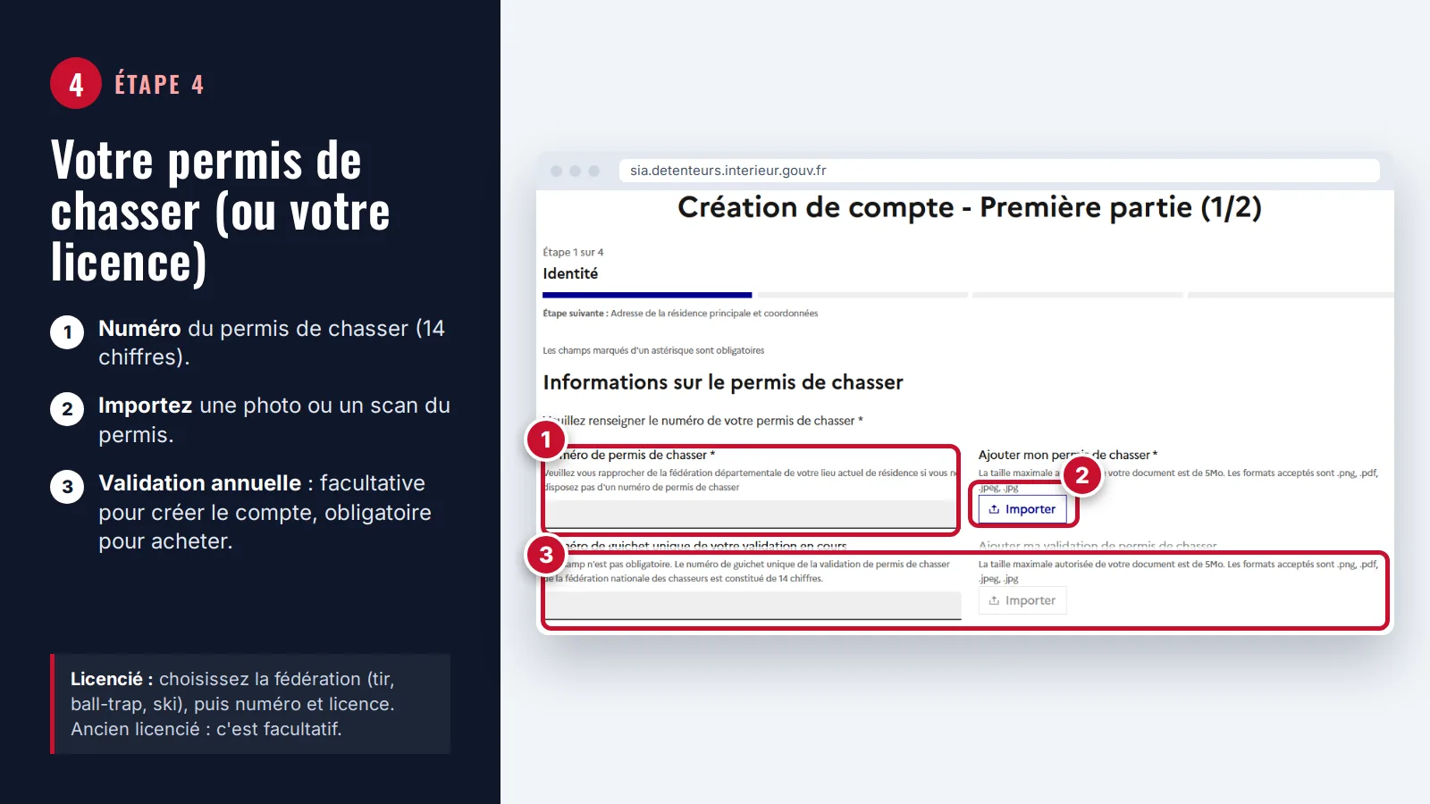 Étape 4 : formulaire SIA du permis de chasser, numéro du permis, bouton Importer et validation annuelle encadrés