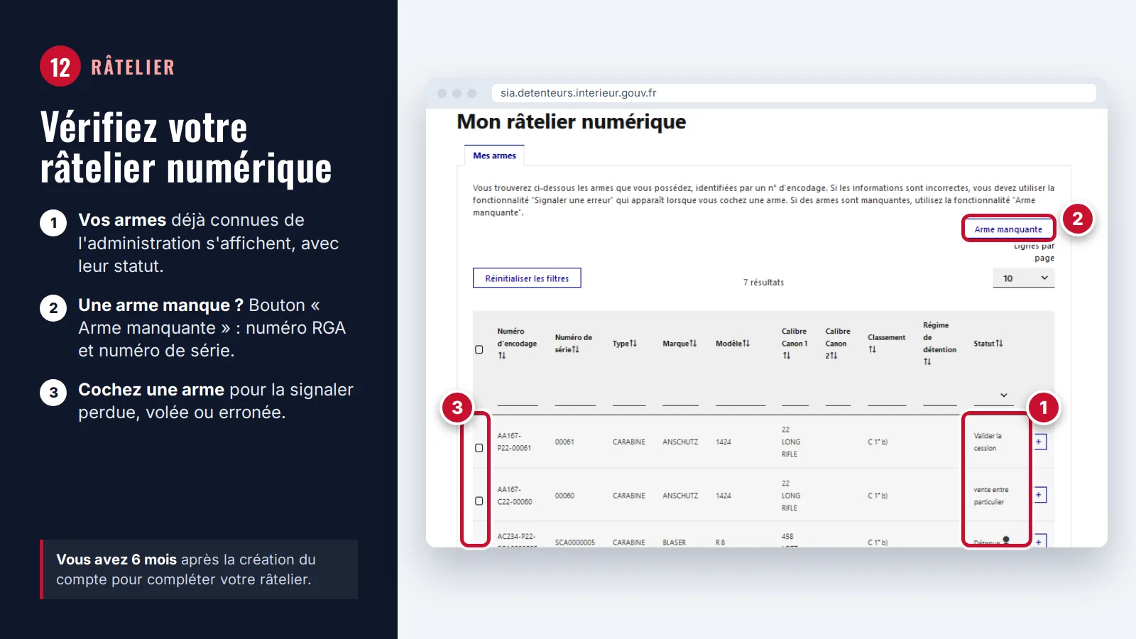 Râtelier numérique du SIA : tableau des armes avec statut, cases à cocher et bouton « Arme manquante » encadrés