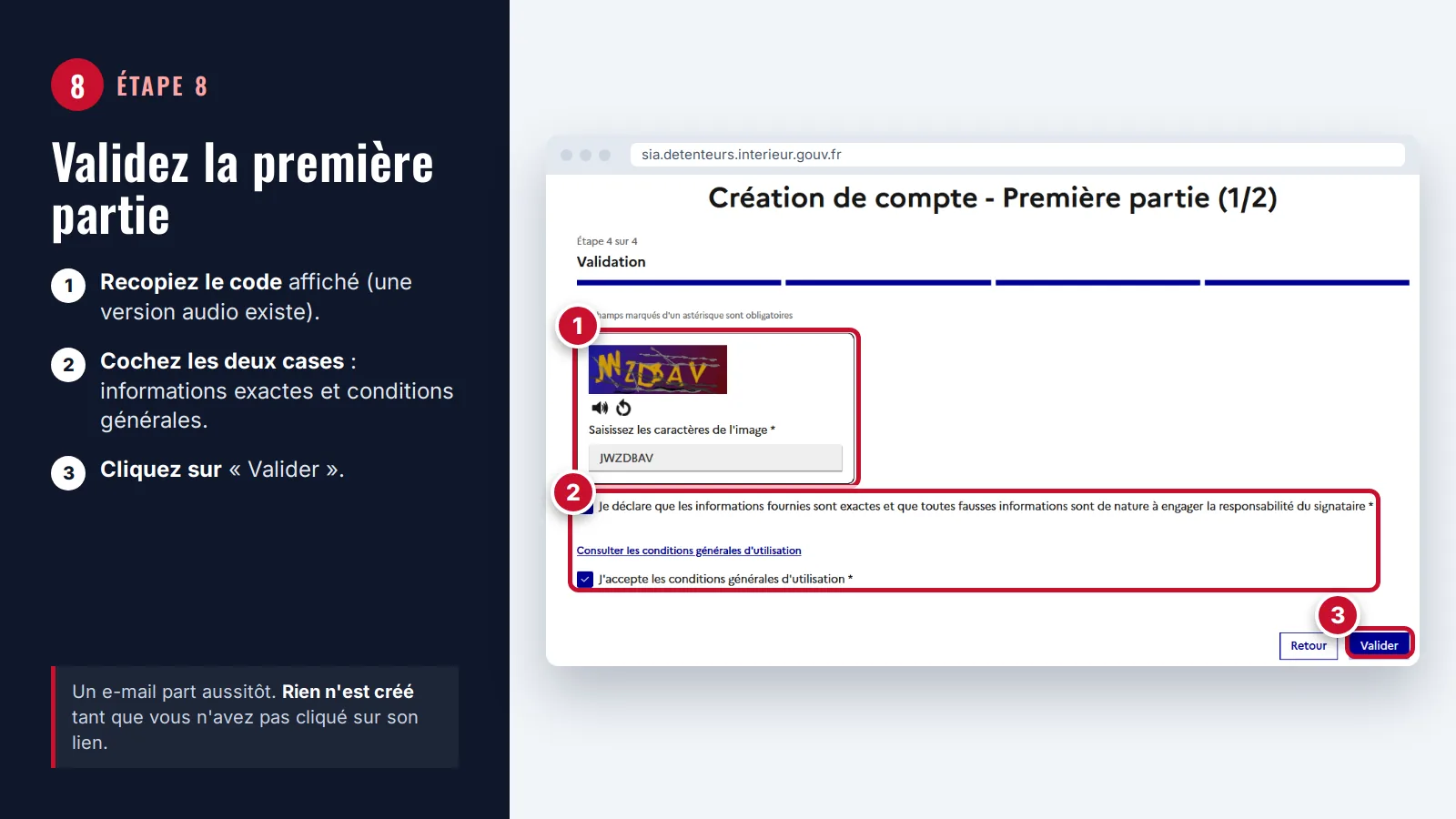 Étape 8 : validation SIA avec code anti-robot, deux cases à cocher et bouton Valider encadrés