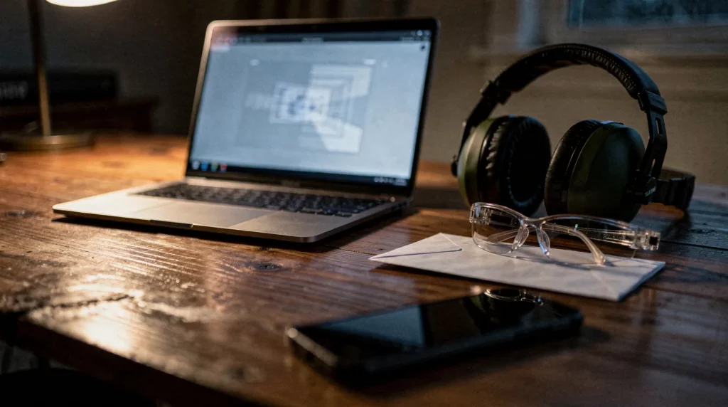 Ordinateur portable, casque antibruit et lunettes de tir sur un bureau, le soir