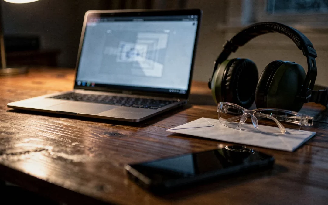 Ordinateur portable, casque antibruit et lunettes de tir sur un bureau, le soir