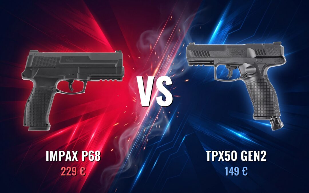 Impax P68 à 229 € face au TPX50 Gen2 à 149 € : rendus officiels Umarex sur un fond rouge et bleu