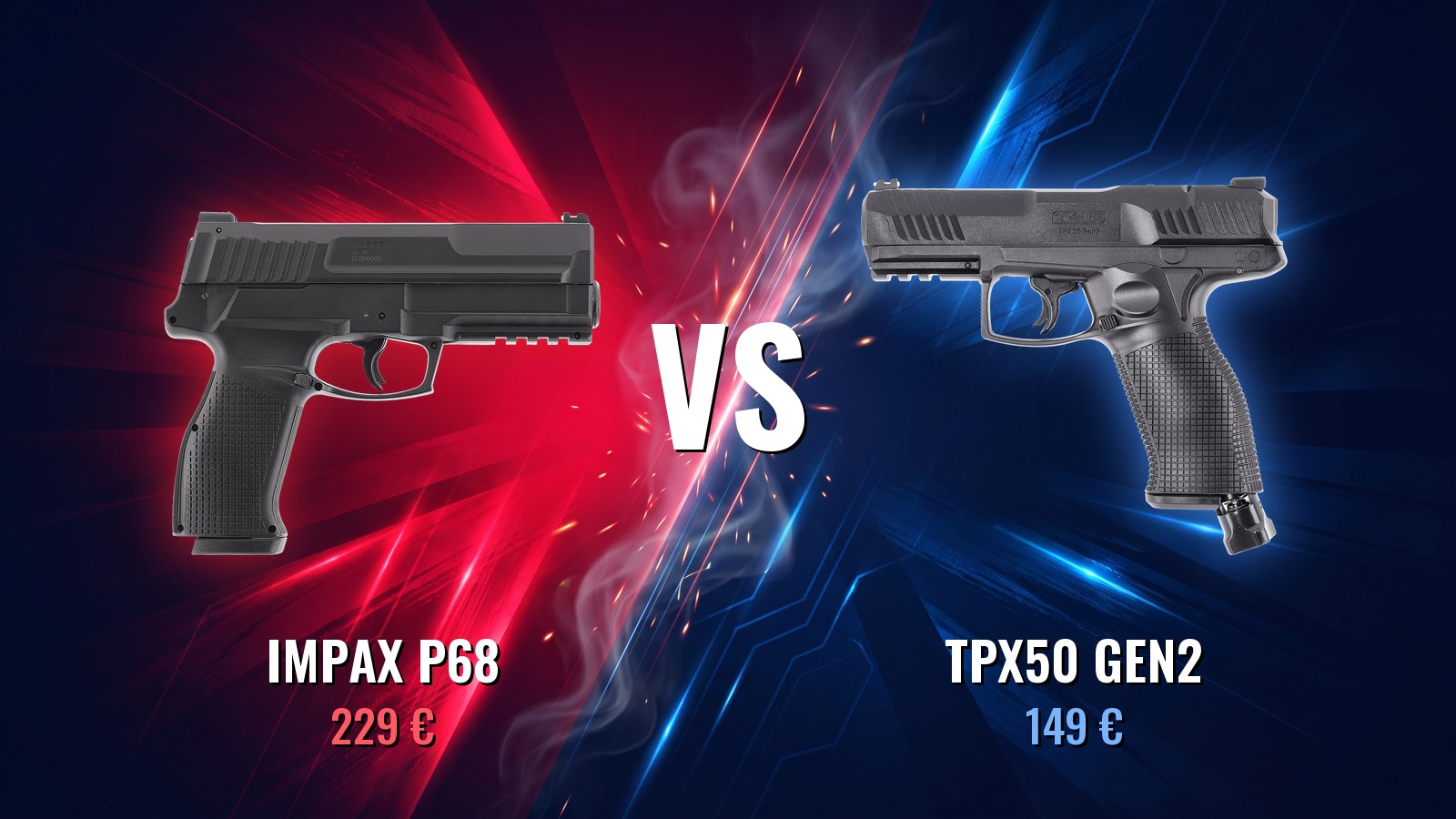 Impax P68 à 229 € face au TPX50 Gen2 à 149 € : rendus officiels Umarex sur un fond rouge et bleu