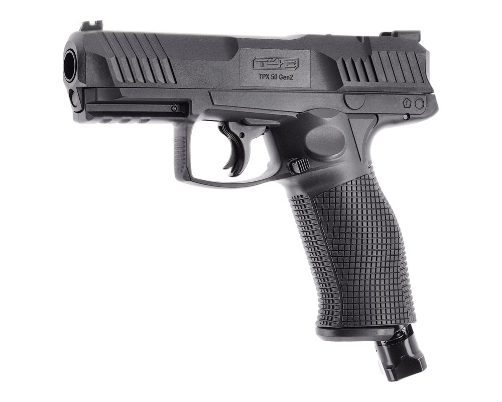 Umarex TPX50 Gen2 vu en perspective, culasse et poignée texturée