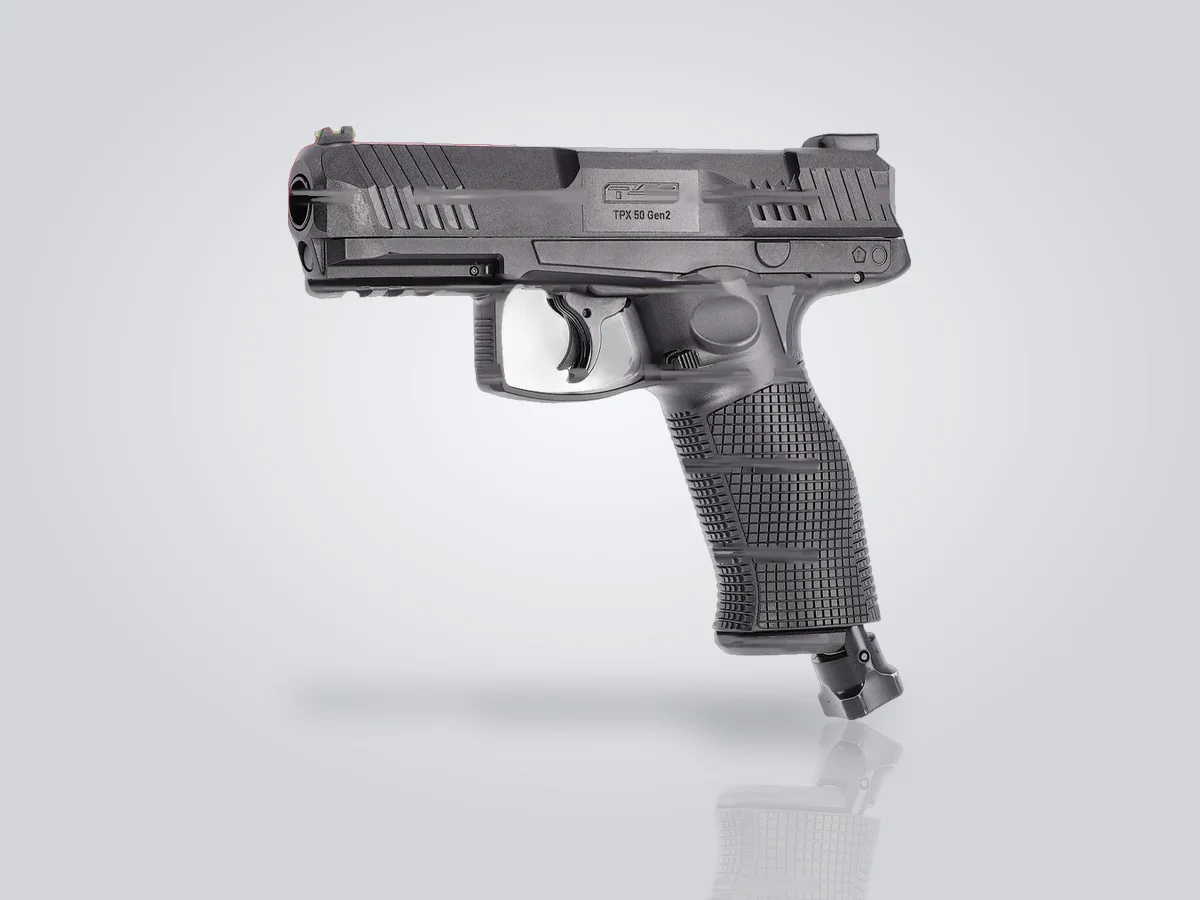 Pistolet de défense Umarex T4E TPX50 Gen2 au CO2, calibre .50, vu de profil
